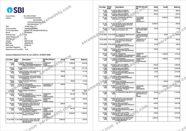 India State Bank of India account statement Word and PDF template, 2 pages
